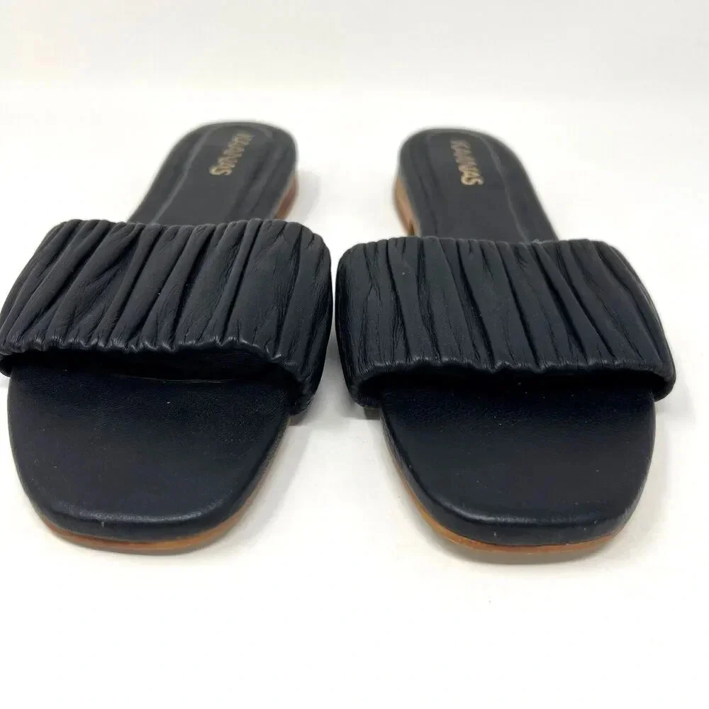 Kaanas Pekan Ruched Black Leather Slides Slip‎ On Sandals Shoes Women’s Size 6